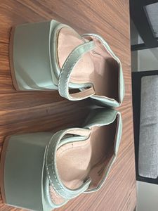 Mint Green Croc-Textured Heeled Mules
