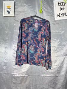 Sheer Paisley Print Button-Up Blouse
