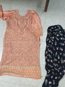 Peach Embroidered Kurta Set with Floral Bottom