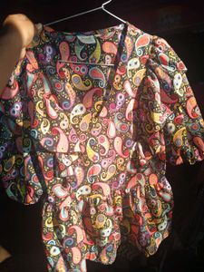 V-Neck Paisley Print Ruffle Sleeve Top