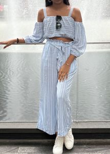 Blue Striped Off-Shoulder Crop Top &amp; Palazzo Set