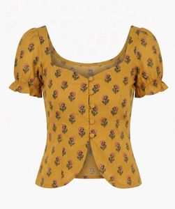 Corset style yellow Floral Button-Up Crop Top