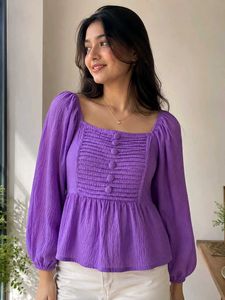 Purple Textured Square Neck Peplum Top
