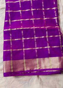 Vibrant Purple Silk Saree with Gold Checks