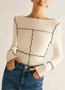 Cream Long Sleeve Top with Contrast Stitching