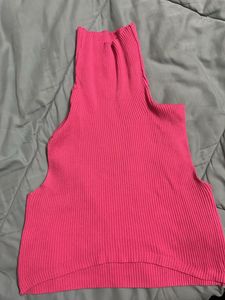 Hot Pink Ribbed Turtleneck Sleeveless Top