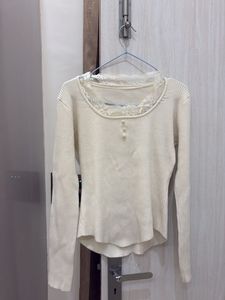 Cream Ribbed Lace Trim Top