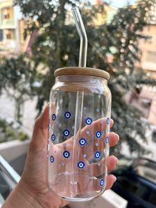 Evil Eye Glass Tumbler with Straw
