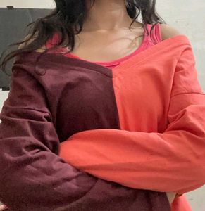 Maroon &amp; Coral Color-Block Off-Shoulder Top