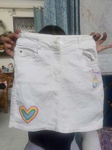 White Denim Skirt with Heart Patch