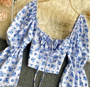 Blue Floral Puff Sleeve Crop Top