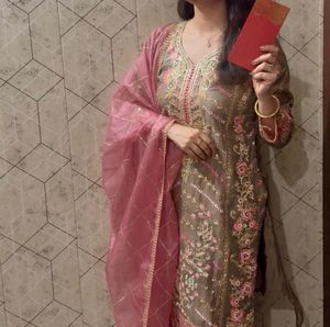 Olive Green And Pink Festive Suit