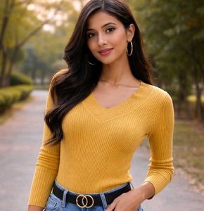 Mustard Yellow V-Neck Ribbed Top
