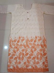 Elegant White Kurta with Orange Leaf Print