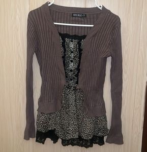 Cute Brown Cardigan with Leopard Print Top