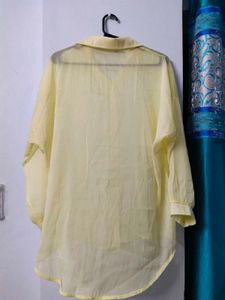 Sheer Yellow Collared Button-Up Top