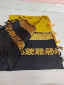Yellow & Black Elephant Border Saree