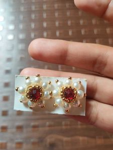 Pearl & Ruby Floral Stud Earrings