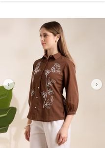Brown Floral Embroidered Button-Up Shirt