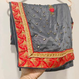 Designer Grey Saree with Red & Gold Border