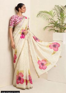 Elegant Cream Saree with Pink Floral Print