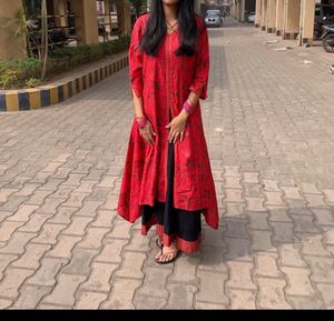 Red Printed Kurta with Black Palazzo