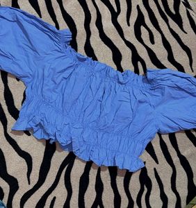 Blue Smocked Off-Shoulder Puff Sleeve Top