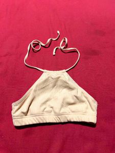 Beige Ribbed Halter Neck Crop Top
