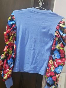 Blue Top with Floral Puff Sleeves
