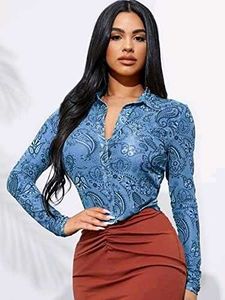 22279. Blue Paisley Print Button-Up Top