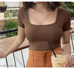 Brown Square Neck Ribbed Crop Top