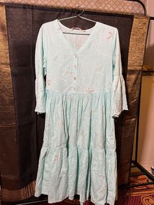 Light Blue Embroidered Tiered Midi Dress