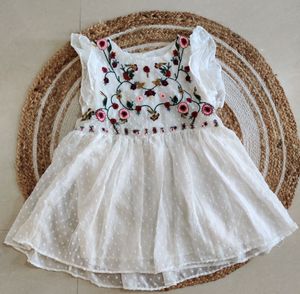 SHEIN Floral Embroidery Yoke Ruffle Trim Swiss Dot Smock Top