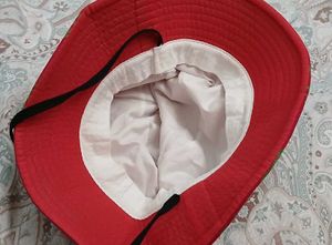 Red Bucket Hat with Green Leaf Print