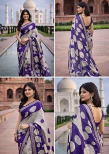 Elegant Grey & Purple Polka Dot Saree