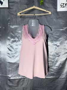 Pink Lace Trim V-Neck Tank Top
