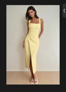 Elegant Yellow Ruched Midi Dress