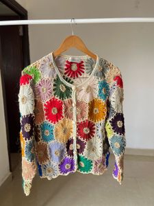 Multicoloured Floral Hand-Knit Crochet Cardigan
