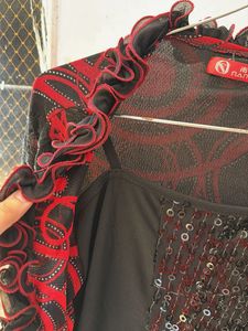 Chic Black &amp; Red Sequin Top with Ruffle Trim