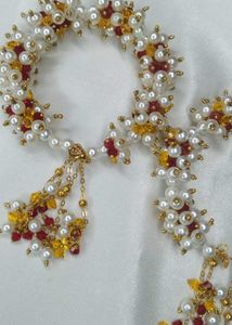 Handmade Pearl &amp; Crystal Gajra Bracelet with earri