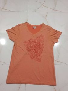 Orange V-Neck Graphic T-Shirt