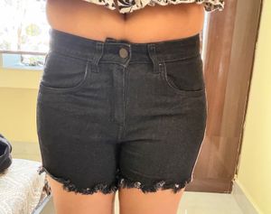 Black Denim Frayed Shorts