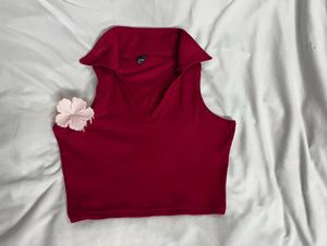 Burgundy Red Ribbed Polo Crop Top 🌸