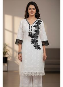 White Kurta with Black Floral Embroidery