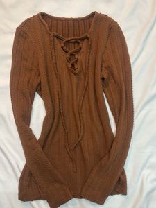 Brown Long Sleeve Lace-Up Top