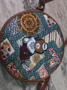 Round Boho Sling Bag with Teddy Bear Patch