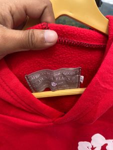 tear denim Red Hoodie with rubber puff