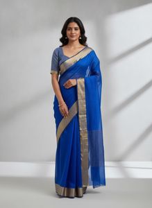 Simple Royal blue Saree with Striped Blouse