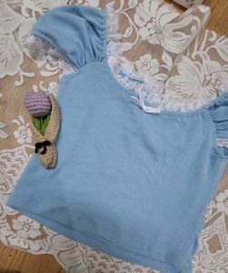 Cute Blue Ribbed Crop Top with Lace Trim