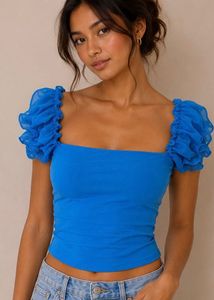 Chic Blue Ruffle Sleeve Top